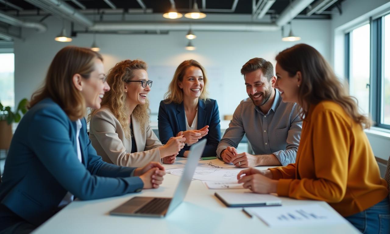 Motiviertes, diverses Team in modernem Büro, das zusammenarbeitet